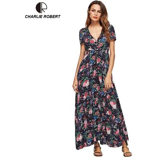 CR 2019 Summer Long Dress Sexy Chiffon Plus Size Deep V-neck Button Ankle-length Print Beach Dress Party Dresses Free Shipping