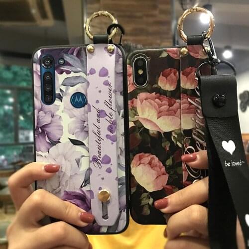 Dirt-resistant Wrist Strap Phone Case For Moto G8 Power Silicone Flower Series Waterproof Lanyard Shockproof Delicate Painted