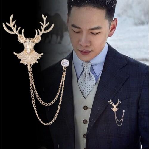 Korean Fashion Metal Animal Elk Brooch Pins Rhinestone Tassel Chain Badge Mens Suit Shirt Corsage Clothing Jewelry Accessories