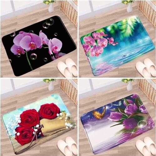 Floral Bath Mat Purple Orchid Tulip Rose Butterfly Flower Pattern Anti-slip Rug Home Decor Bathroom Kitchen Entrance Rug Doormat
