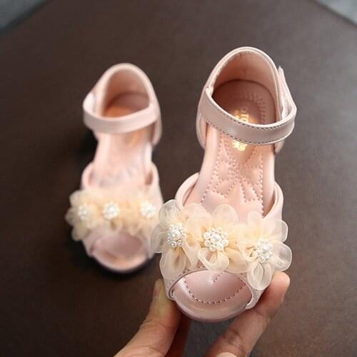 Summer Baby Girls Flower Pearl Crystal Fish Mouth Sandals Flat Heels Kids Slip On Pearl Children Wedding Princess For Childerns