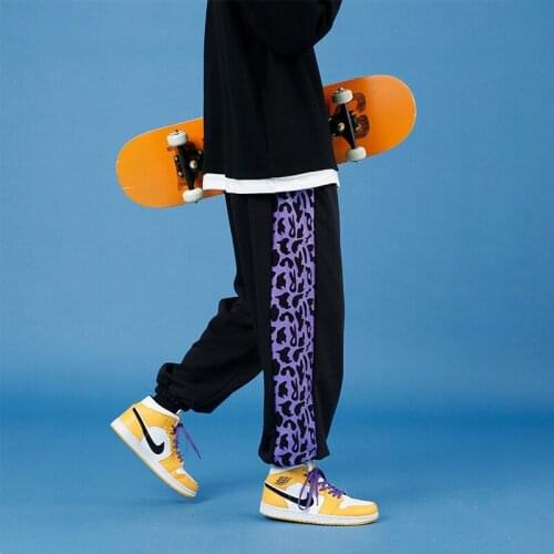 Summer Fashion Mens Leopard Print Stitching Sports Pants Loose Trend Trousers Spring Straight Black Nine-point Pants -40