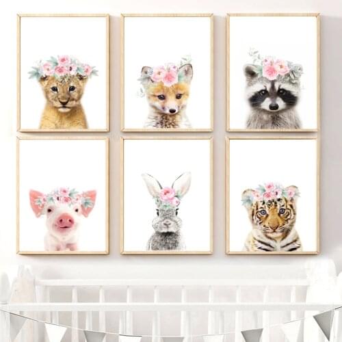 Lion Fox Tiger Rabbit Raccoon Flower Crown Wall Art Canvas Painting Nordic Posters And Prints Wall Pictures Kids Baby Room Decor
