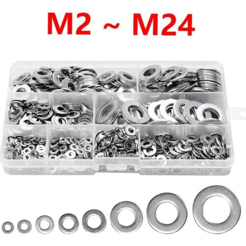 304 Stainless Steel Metal Flat Washers Kit, Steel Circular Ring with Flat Washer, Flat Washers, Assortment Washers Kit M2~M24