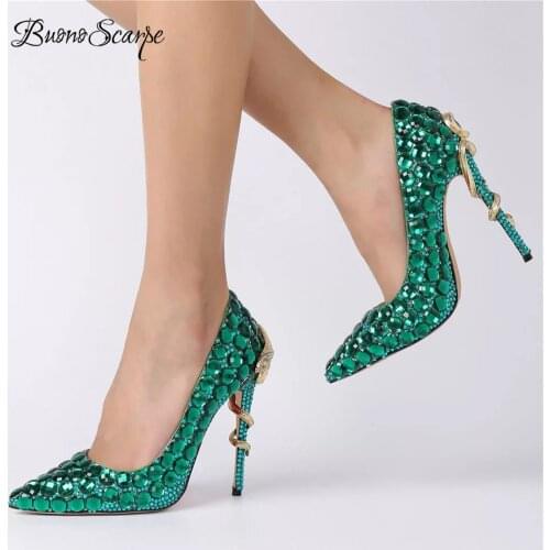 BuonoScarpe Women Wedding High Heels Bride Strass Heel Pumps Snake Heels Crystal Bling Bling Shoes Sexy Lady Party High Heels