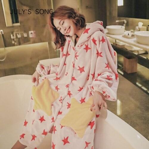 JULYS SONG Winter New Thick Flannel Stars Sleepwear Comfort Hooded Long Version Open Buckle Homewear Nightdress Bathrobe