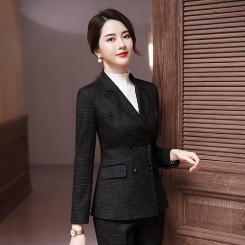 Autumn New Professional Temperament Double Button Black Big Code Xxxxl Women Fashion Work Wear Female Two Piece Formal Suit