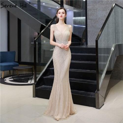 Champagne V-Neck Luxury Mermaid Design Sexy Evening Dresses 2020 Crystal Beading Formal Dress Serene Hill DLA70428Dubai
