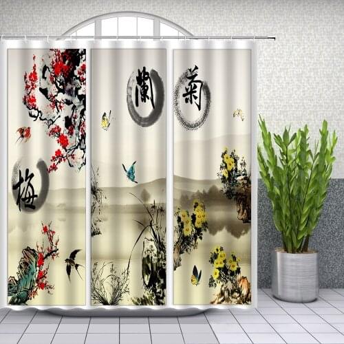 Chinese Style Flowers Butterfly Landscape Painting Shower Curtains Bathroom Decor Waterproof Polyester Cloth Curtain Set Cheap