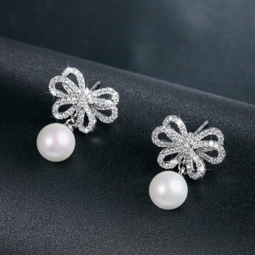 WEIMANJINGDIAN Sparkling Cubic Zirconia CZ Zircon Crystal and Shell Pearl Drop Earrings for Women or Girls
