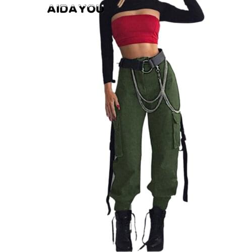 Womens Cargo Pants Casual Joggers BDU Motorcycle High Waist Loose Trousers Korean Japanese style Running Military ouc361a