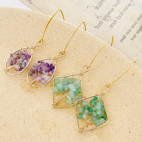 Boho Hollow Natural Stone Drop Earrings Women Handmade Copper Knitting Stainless Steel Hook Gemstone Statement Earring Wedding