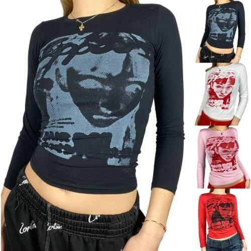 Female Tops Adults Human Face Print Round Collar Long Sleeve T-Shirt Blouse For Women Pink White Black Red Soft And Comfortable