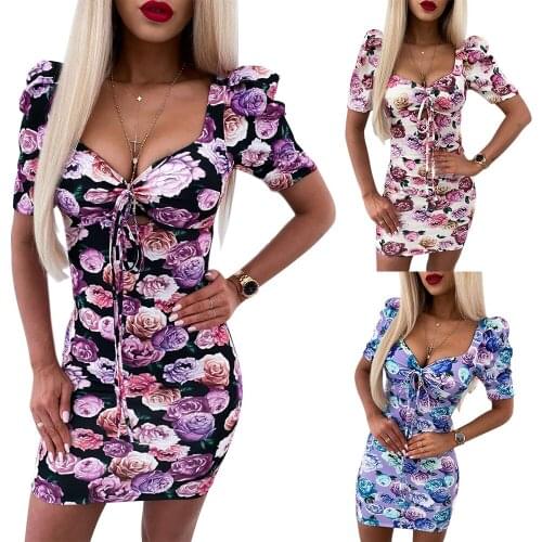 Summer Dress Women Flower Print Pencil Dress Hollow Out V-Neck Puff Sleeve Backless Mini Dresses For Woman Robes Femme Vestidos
