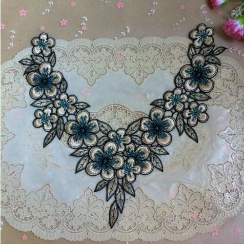 1 Piece 30*28cm Vintage Water Soluble Neckline Lace Applique Blue Gold Venice Lace Collar Craft Embroidery
