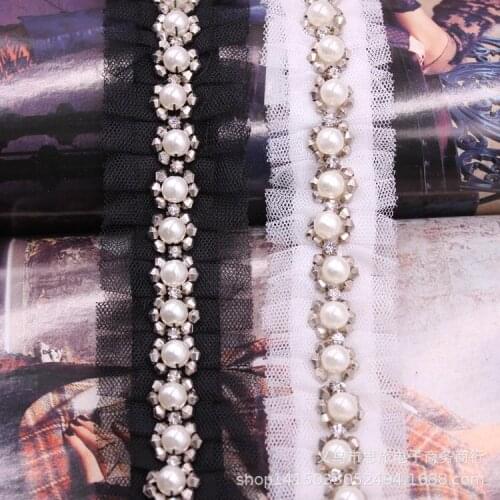 1 yards Pleated Organza Satin Ribbon Rhinestone Pearl Beaded Ribbons DIY Clothing Headwear Accessories Trim Material