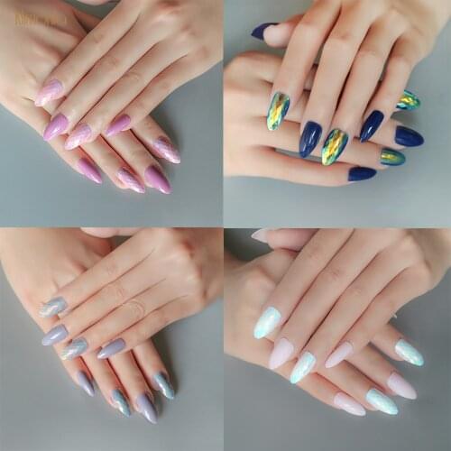 24Pcs/set Stiletto Fake Nails Fish Scale Gleaming Effect Finished Nails Adhesive Patch Press On Nail Tips Ladies DIY Beauty