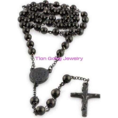 4mm/6mm/8mm Rosary Beads Chain 316L Stainless Steel Religous Cross Pendant Necklaces Black Tone for men For Women