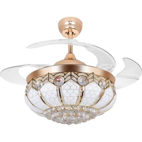 42 Inch Invisible Crystal Ceiling Fan with LED Light and Remote, 4 Retractable ABS Blades Fan Chandelier for Bedroom Diningroom