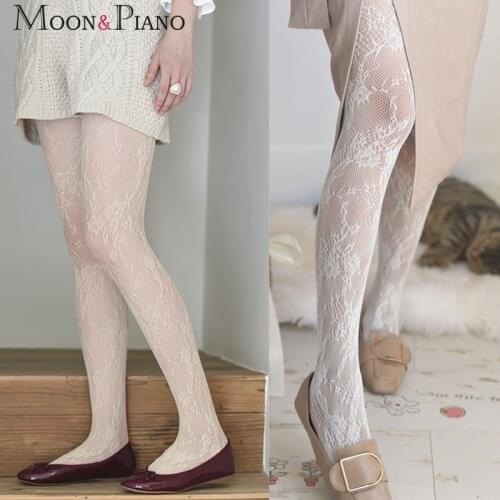 Sweet Lolita Hollow Lace Fishnet Stockings Retro Flower Cane Black White Funny Woman Tight Breathable Thin Thigh High Socks