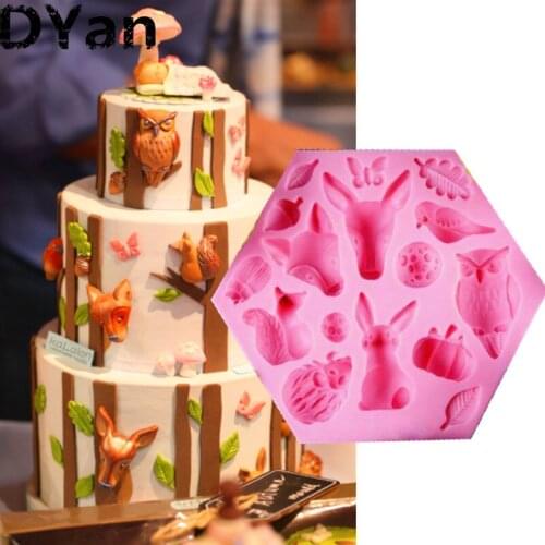 Free Shipping Animal Deer Squirrel Rabbit Pumpkin Owl Leaves Fondant Mold Silicone Fondant Cake Decorating Tools Baking A1414