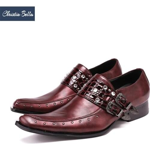 Christia Bella Fashion Buckle Rhinestone Men Dress Shoes Red Genuine Leather Party Formal Shoes Plus Size Male Business Footwear