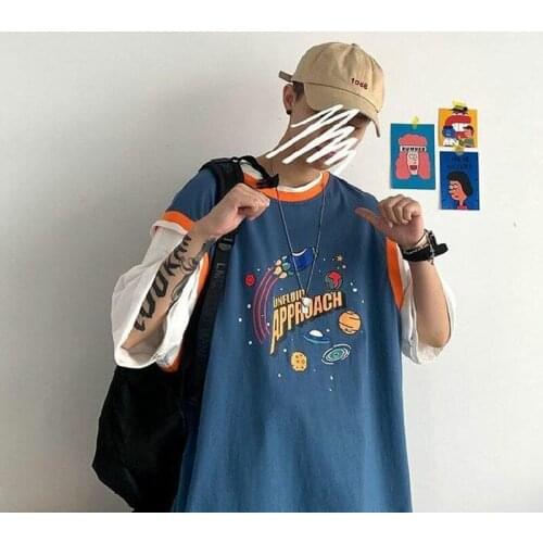 Men T-Shirts Harajuku Fashion Casual Short Sleeve Loose Tops Summer Stitching Clothes Planet Print T-shirt Fake Two Top
