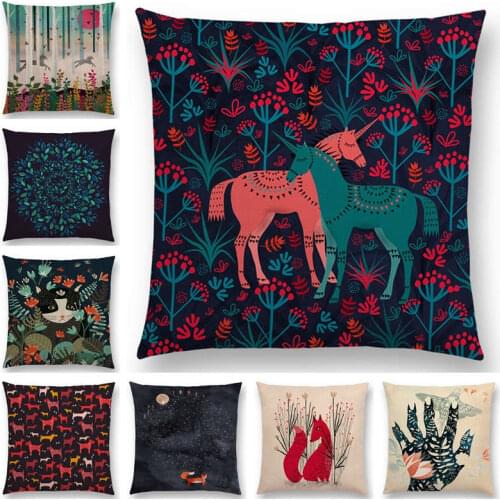 Hot Sale Animal Tale Spring Floral Garden Pattern Bear Fox Unicorn Bear Birds Flower Leaf Fantasy Cushion Cover Sofa Pillow Case