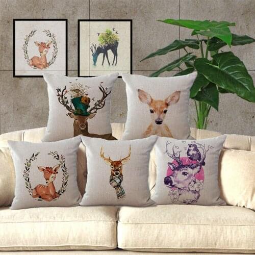Hglegywelk Cushion Case Waist Hom Pillow Case Deer Cotton Linen Xmas Gift Soft Room Gifts Single Sides Printing