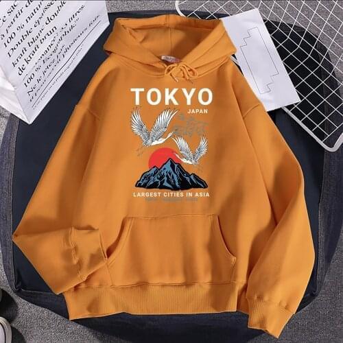 Tokyo Crane Japan Style Letter Printing Women Hoodie Fashion Casual Sweatshirt Crewneck Fleece Tops Autumn Pocket Sportswear