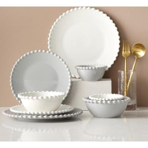 Ceramics Dinnerware Set Nordic Creative Pearl-Rim Plate Steak Flat Tray Dessert Plate Salad Bowl Beaded Tableware Round Shape