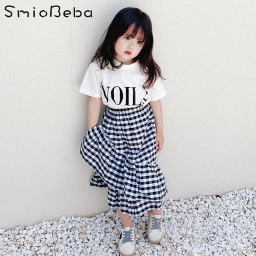 Mother And Daughter Two Piece Sets Letter T-Shirt+Plaid Large Lotus Leaf Side Skirt Girls' Dress Korean Family Matching Outfits