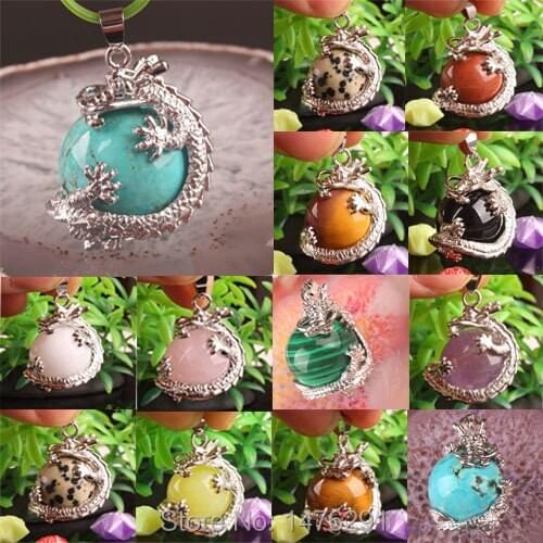 16MM Mix-Stone Purple Crystal Quartz Lapis Lazuli Carnelian Green Howlite Stone Onyx Opal Round Bead Dragon Pendant 1PCS