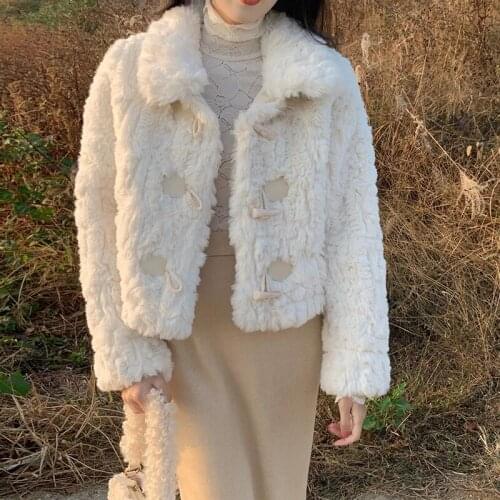 Hstar Fur Jackets For Women Korean Fashion Style Women Splicing Single Row Horn Buckle Faux Fur Coat Wool Coat 2020