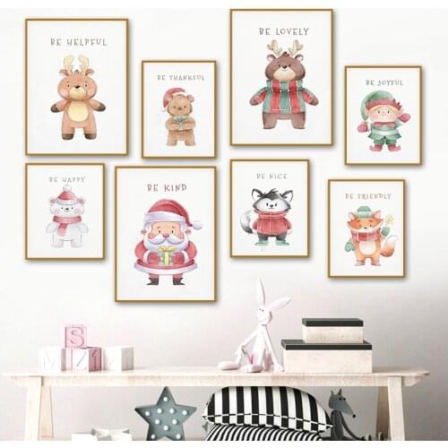Cute Elk Santa Raccoon Fox Bear Cartoon Art Canvas Painting Nordic Posters And Prints Nursery Wall Pictures Baby Kids Room Decor