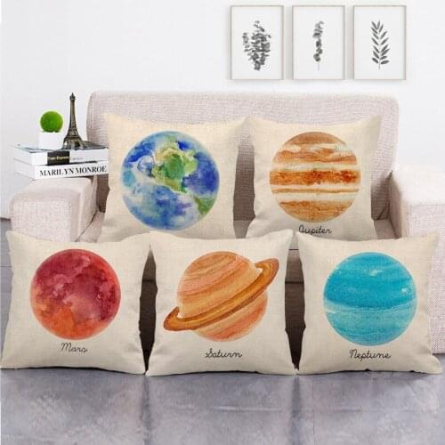 Cute Vintage space earth moon One Side Print Cushion Cover Linen Pillow Cover For Home Sofa Seat Throw Covers Decorative 45X45cm