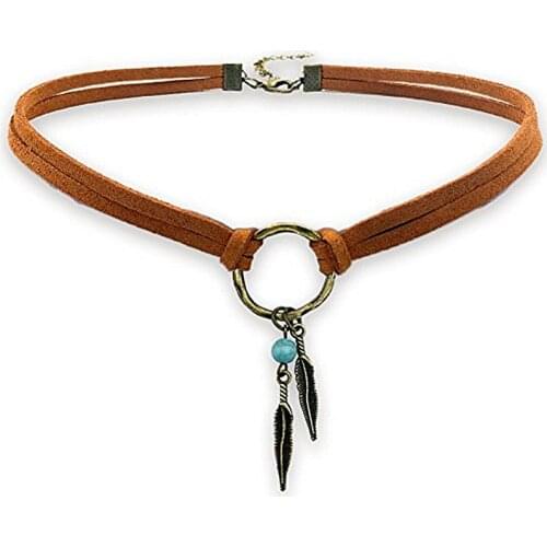 Fashion Vintage Alloy Feather Leather Choker Necklace for Women Antique Gold Circle Collar Female Boho Jewelry Mujer Collares