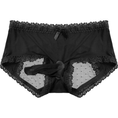 Mens Panties Lace Trimming Briefs See-through Mesh Patchwork Lingerie Sissy Gay Underwear Sexy Bulge Pouch Mid Waist Underpants