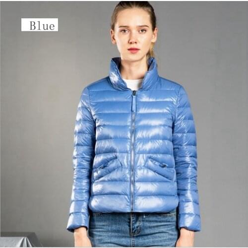 New style female light cotton down jacket short stand collar black womens duck down coats blue autumn pure color slim Overcoat