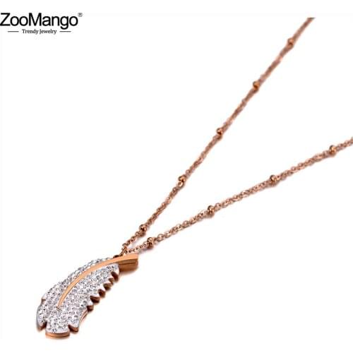 ZooMango Original Design Titanium Steel Feather Charm Choker Necklaces Bohemia CZ Crystal Pendant Necklace For Women ZN20009