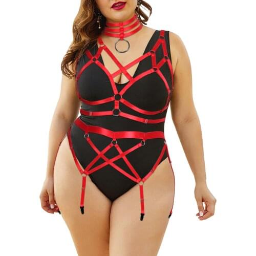 Plus Size Women Choker Goth Sexy Body Harness Underwear 3-Piece Set Straps Pentagonal Suspenders Garter Belts Stockings Fetish