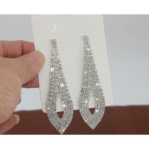 Luxury crystal rhinestone long tassel earrings geometric dangle big earrings ladies ladies wedding bridal earrings wholesale