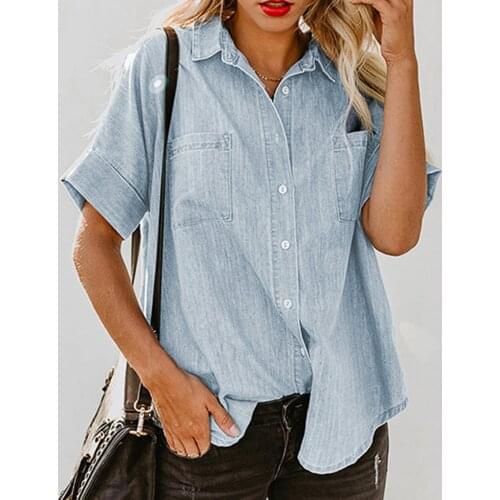 WomenS Denim Shirt Turn Down Collar Casual Solid Color Tops For Women Short Sleeve Straight Pocket Button Slim Female Shirts