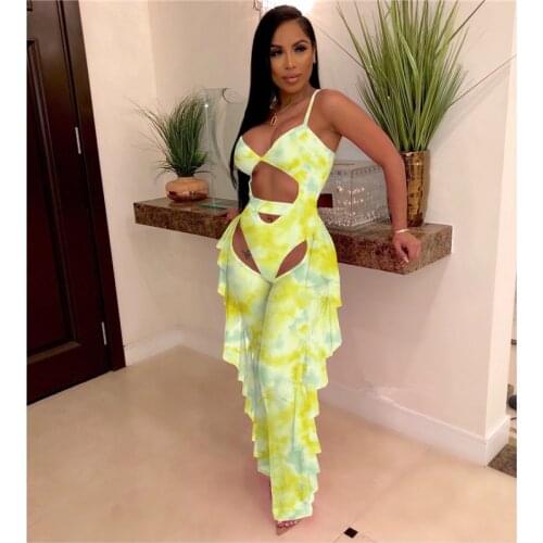 Sexy Tie Dye Print Women Summer Beach Mesh Two Piece Set Swimsuit Hollow Out Straps Bodysuit Top Ruffle Wide Leg Pants