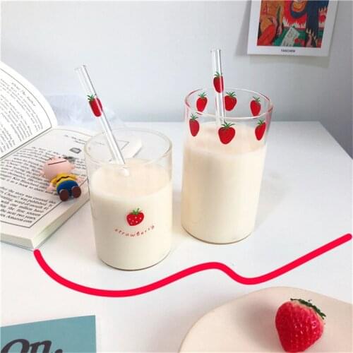 Glass Water Bottle with Straw Berry Cute Nordic Glass Cup Creative Transparent Water Cup Student Milk Heat Resistant Glass