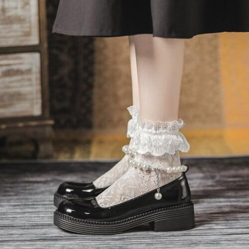 Black White Pu Leather Loli Shoes Womens Summer Thin Lolita Round Head Japanese Pearl Jk Retro Mid Heel Mary Jane Anime Shoes