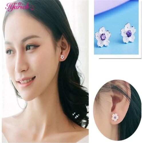 BOHO New Fashion Purple Crystal Cherry Blossom Daisy Flowers Stud Earrings for Women Girls Exquisite Birthday Party Jewelry