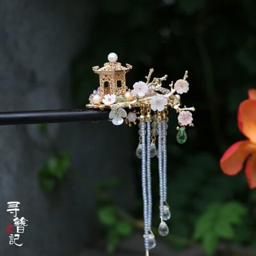 Vintage pavilion flower handmade pearl hairclip pin accessories Headwear up do hair for kimono hanfu COSPLAY XZ