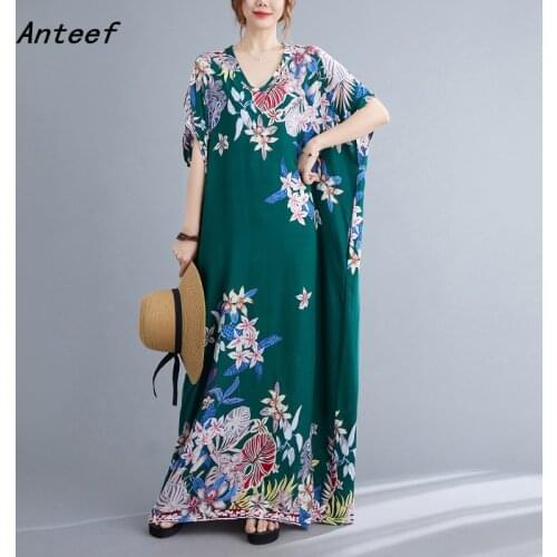 Short sleeve cotton satin vintage floral dresses for women casual loose maxi long summer beach dress elegant clothing 2021