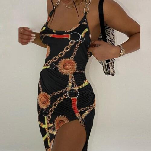 Elegant Halter Iron Chain Floral Print Summer Dress Women Off Shoulder Backless Party Dress Sexy Drawstring Slim Bodycon Dresses